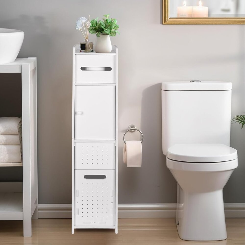 Toilet Paper Holder Stand with Trash Can, Slim Bathroom Storage Cabinet